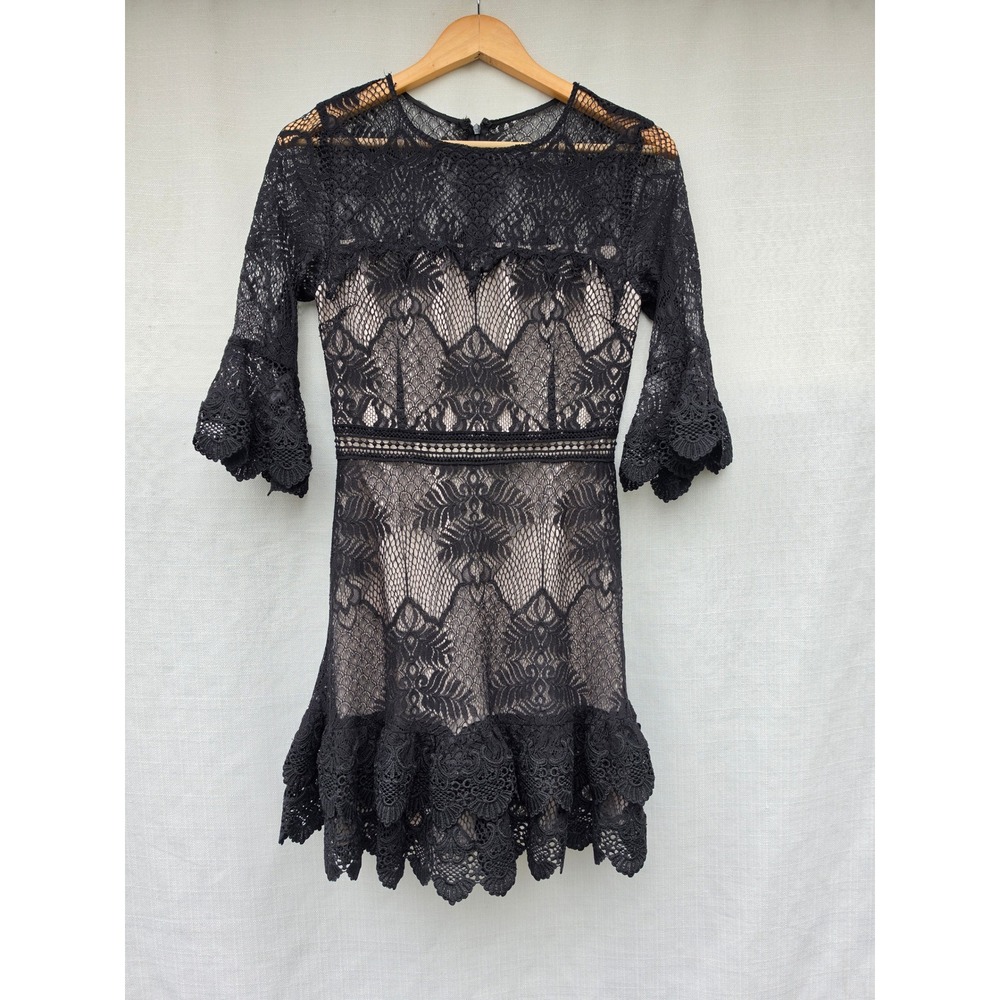 BB Dakota Whimsigoth Black Lace Mini Dress Womens 2 Dark Romance Bell Sleeve